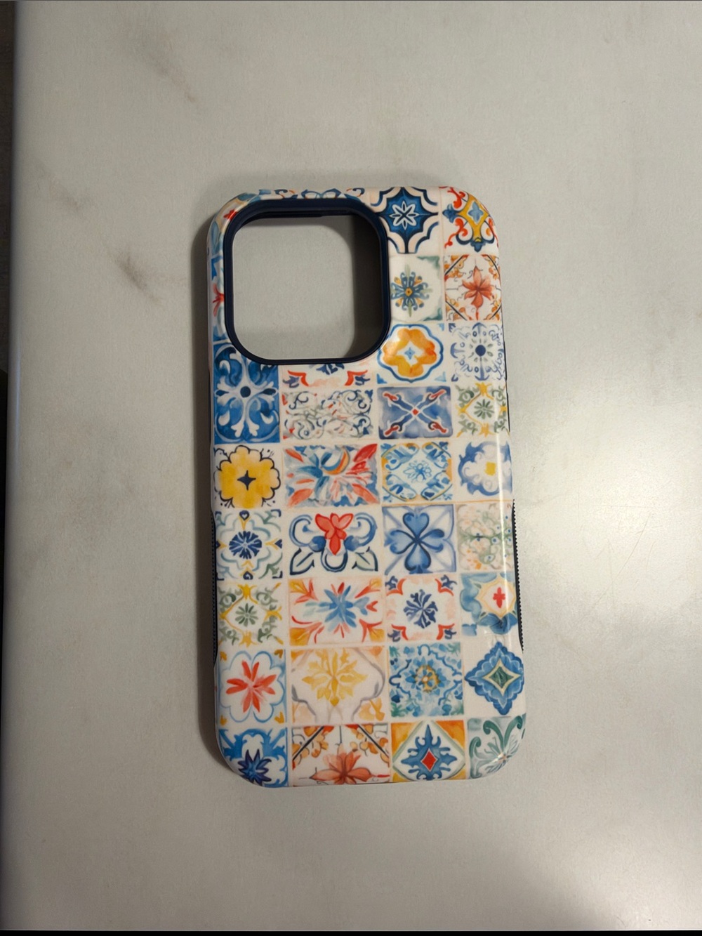 Stylish Tile Pattern iPhone 14 Pro Case - Blue, Yellow & Orange
